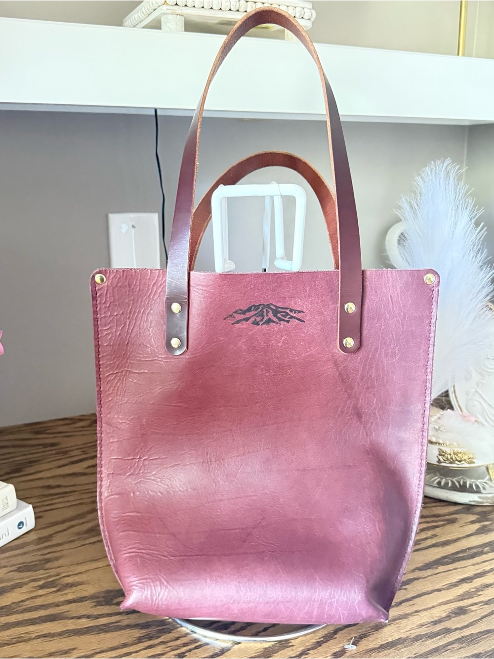 Leather Magogany Tote with Contrast Brown Handles